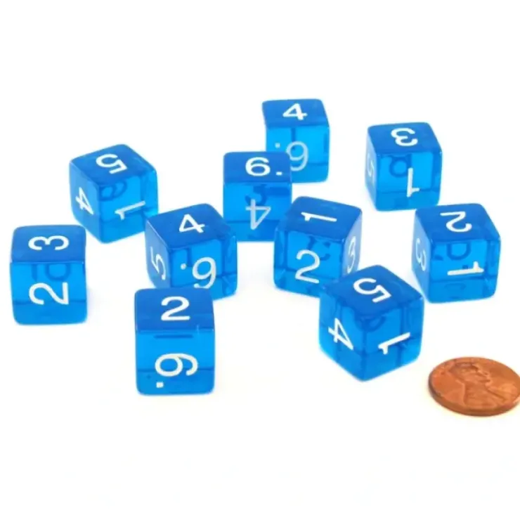Dice>Pack of 10 Transparent 6-Sided D6 16mm Numbered Dice - Blue - Your Source for Gaming Essentials