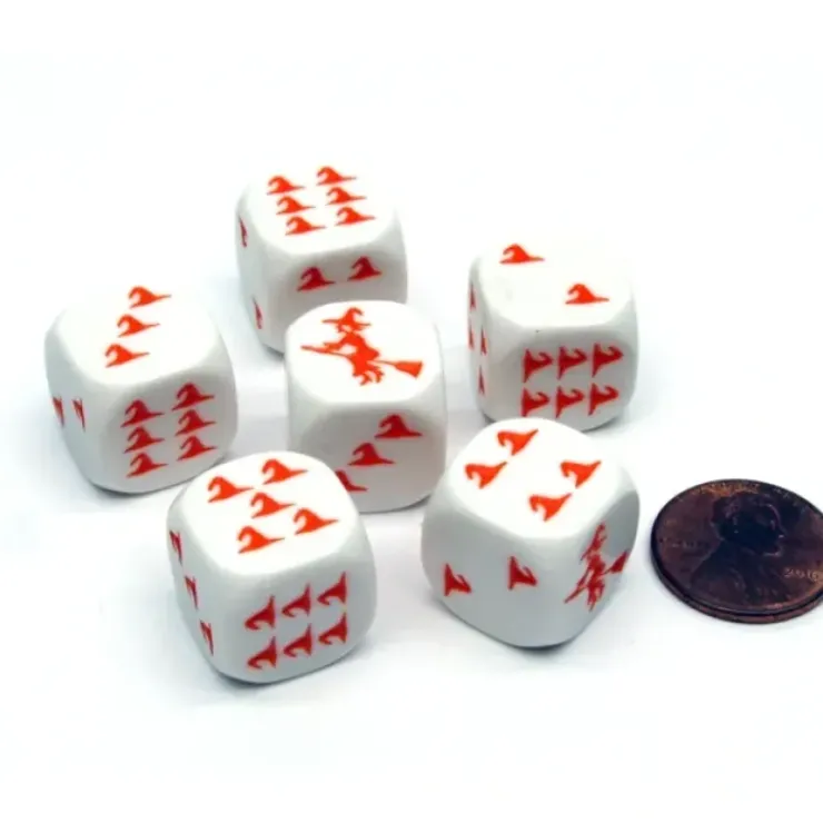 Dice>Pack of 6 Witch Halloween Themed 16mm Dice - White with Orange Etches - Your Source for Gaming Essentials