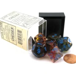 Dice>7 Piece Polyhedral DnD Nebula Dice Set with Luminary - Primary with Blue Numbers - Your Source for Gaming Essentials
