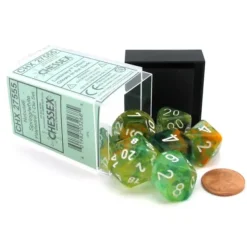 Dice>7 Piece Polyhedral DnD Nebula Dice Set with Luminary - Spring with White Numbers - Your Source for Gaming Essentials