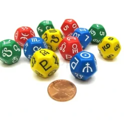 Dice>Planets, Signs, Numbers Astrology Dice Set, 12 D12 Dice - Assorted Colors - Your Source for Gaming Essentials