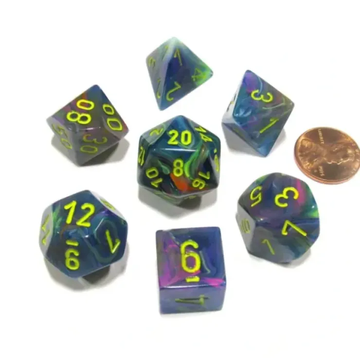 Dice>Polyhedral 7-Die Festive Chessex Dice Set - Rio with Yellow Numbers - Your Source for Gaming Essentials