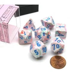 Dice>Polyhedral 7-Die Festive Chessex Dice Set - Pop Art with Blue Numbers - Your Source for Gaming Essentials