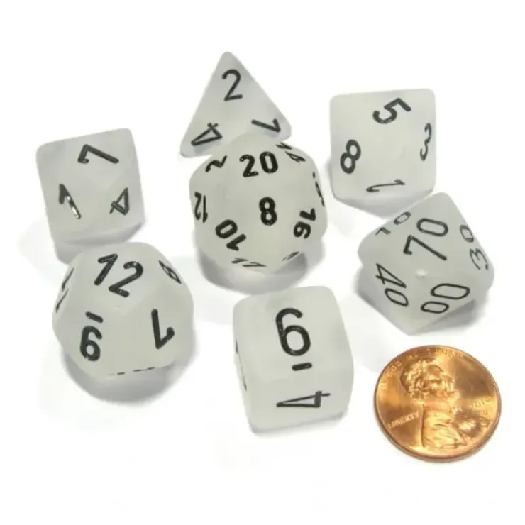 Dice>Polyhedral 7-Die Frosted Chessex Dice Set - Clear with Black Numbers - Your Source for Gaming Essentials