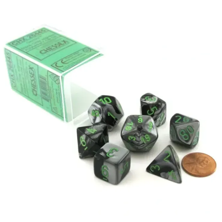 Dice>Polyhedral 7-Die Gemini Chessex Dice Set - Black-Grey with Green Numbers - Your Source for Gaming Essentials