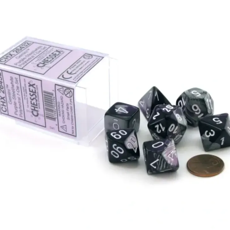 Dice>Polyhedral 7-Die Gemini Chessex Dice Set - Purple-Steel with White Numbers - Your Source for Gaming Essentials