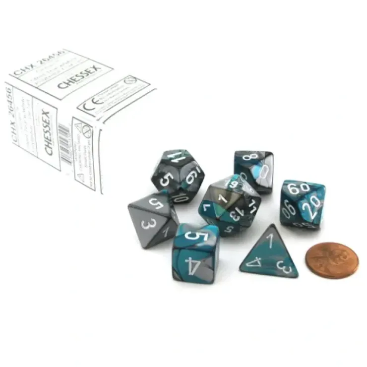 Dice>Polyhedral 7-Die Gemini Chessex Dice Set - Steel-Teal with White Numbers - Your Source for Gaming Essentials