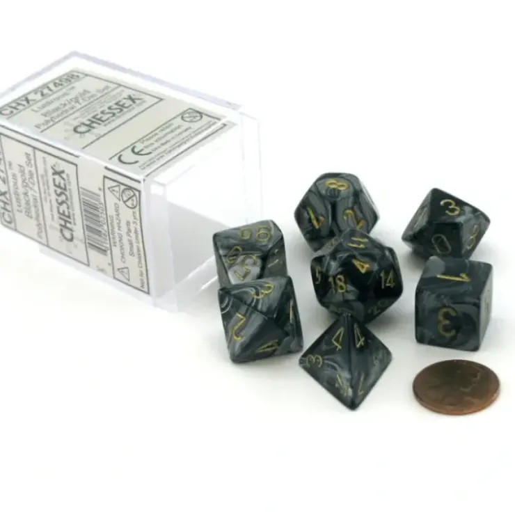 Dice>Polyhedral 7-Die Lustrous Chessex Dice Set - Black with Gold Numbers - Your Source for Gaming Essentials