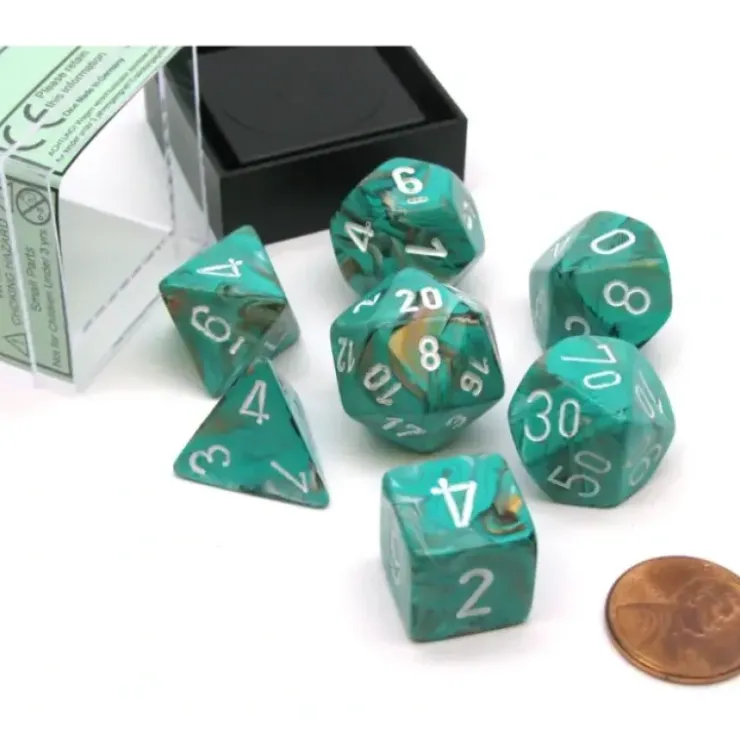 Dice>Polyhedral 7-Die Marble Chessex Dice Set - Oxi-Copper with White Numbers - Your Source for Gaming Essentials