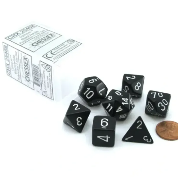 Dice>Polyhedral 7-Die Opaque Chessex Dice Set - Black with White Numbers - Your Source for Gaming Essentials