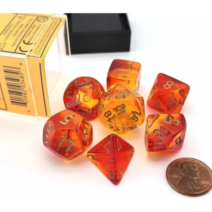 Dice>Polyhedral 7-Die Set, Gemini - Translucent Red-Yellow with Gold Numbers - Your Source for Gaming Essentials
