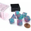 Dice>Polyhedral 7-Die Set, Luminary Gemini - Gel Green-Pink with Blue Numbers - Your Source for Gaming Essentials
