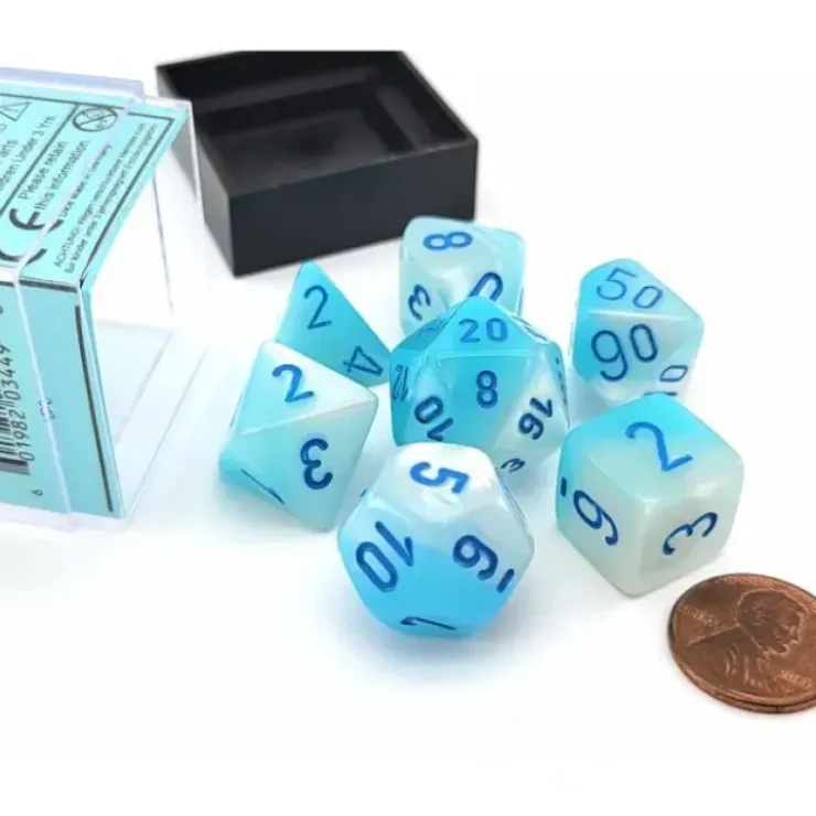 Dice>Polyhedral 7-Die Set, Luminary Gemini - Pearl Turquoise-White with Blue - Your Source for Gaming Essentials