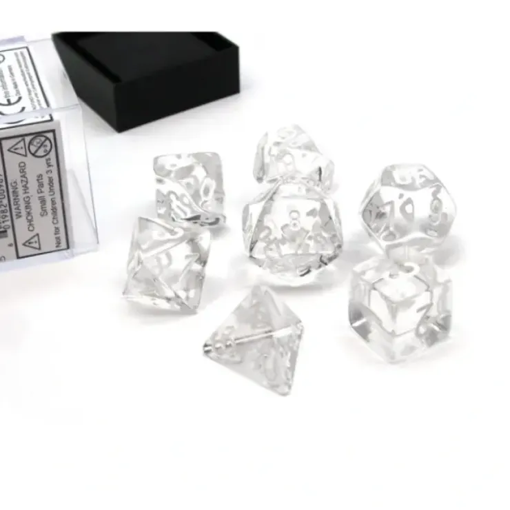 Dice>Polyhedral 7-Die Translucent Chessex Dice Set - Clear with White Numbers - Your Source for Gaming Essentials
