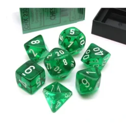 Dice>Polyhedral 7-Die Translucent Chessex Dice Set - Green with White Numbers - Your Source for Gaming Essentials