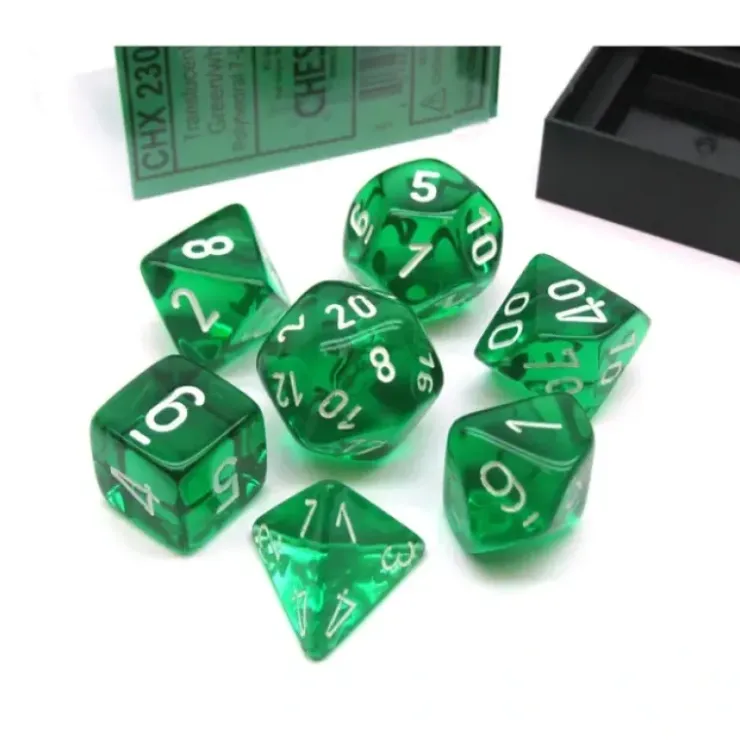 Dice>Polyhedral 7-Die Translucent Chessex Dice Set - Green with White Numbers - Your Source for Gaming Essentials