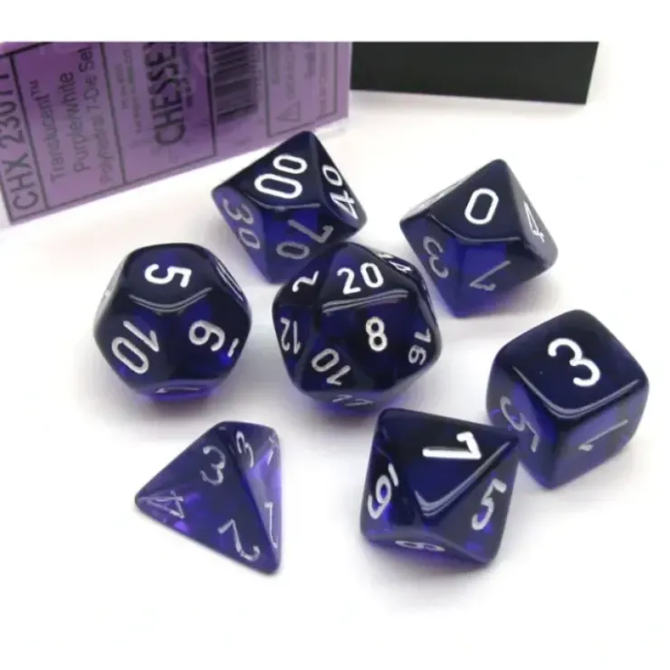 Dice>Polyhedral 7-Die Translucent Chessex Dice Set - Purple with White Numbers - Your Source for Gaming Essentials
