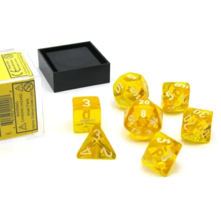 Dice>Polyhedral 7-Die Translucent Chessex Dice Set - Yellow with White Numbers - Your Source for Gaming Essentials