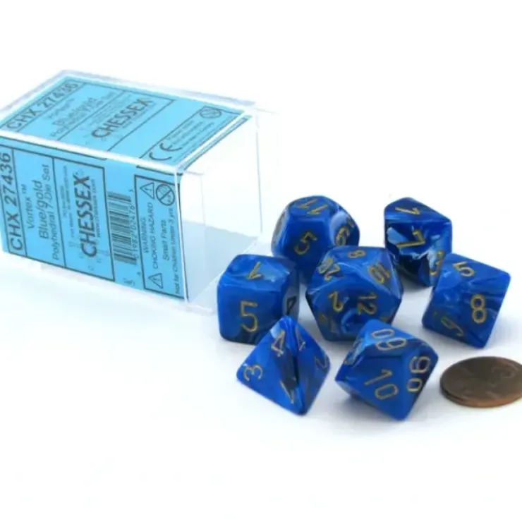 Dice>Polyhedral 7-Die Vortex Chessex Dice Set - Blue with Gold Numbers - Your Source for Gaming Essentials