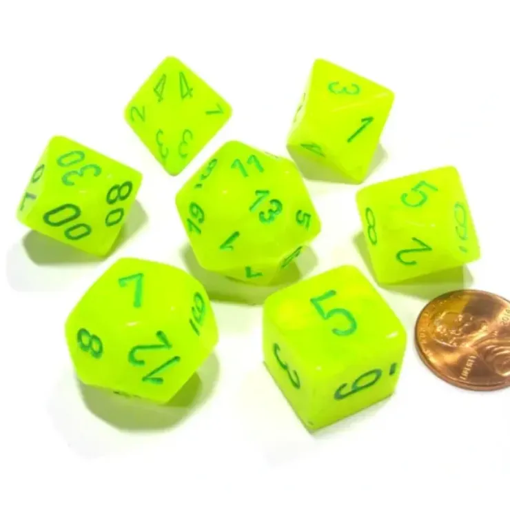 Dice>Polyhedral 7-Die Vortex Chessex Dice Set - Bright Electric Yellow with Green - Your Source for Gaming Essentials