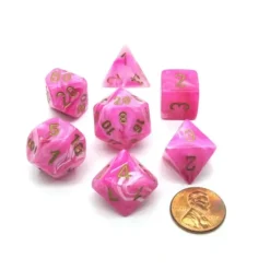 Dice>Polyhedral 7-Die Vortex Chessex Dice Set - Pink with Gold Numbers - Your Source for Gaming Essentials