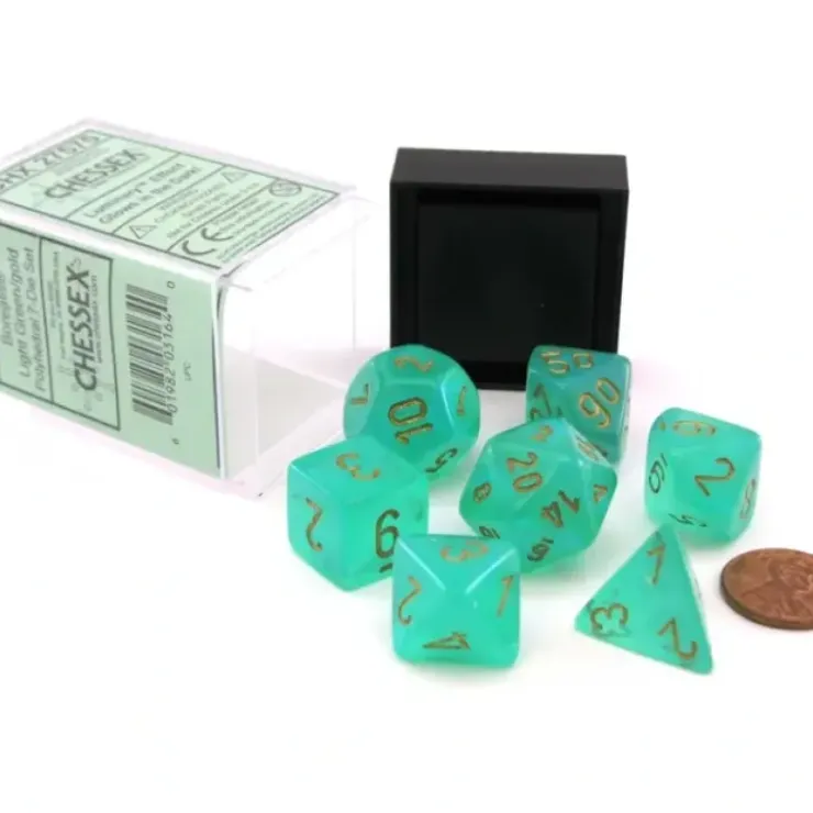 Dice>Polyhedral DnD 7-Dice Set, Luminary Borealis - Light Green with Gold Numbers - Your Source for Gaming Essentials