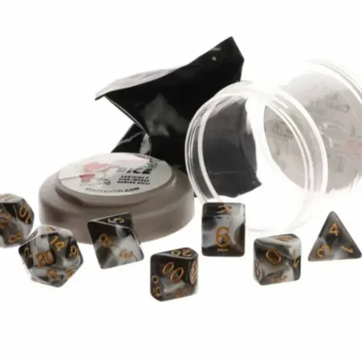 Dice>Polyhedral 7-Piece DnD Pizza Dungeon Dice Set - Dual White & Black - Your Source for Gaming Essentials