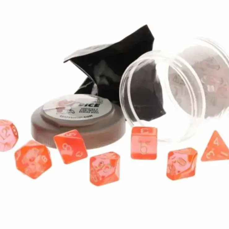 Dice>Polyhedral 7-Piece DnD Pizza Dungeon Dice Set - Lucky Clear Orange - Your Source for Gaming Essentials