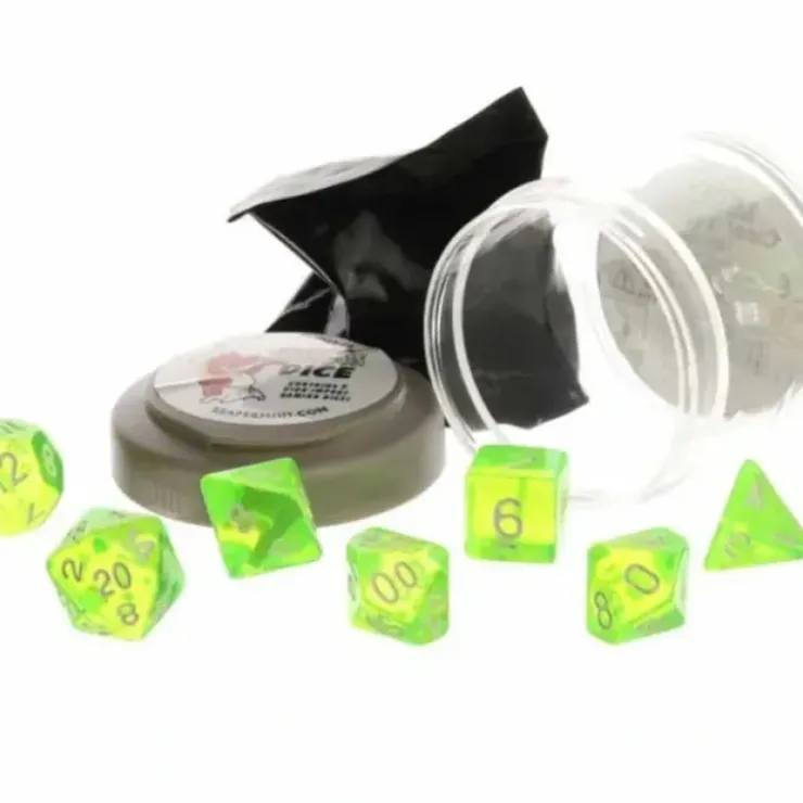 Dice>Polyhedral 7-Piece DnD Pizza Dungeon Dice Set - LuckyClear Neon Green - Your Source for Gaming Essentials