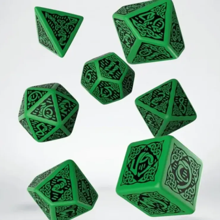 Dice>Q-Workshop Celtic Dice Set 3D Green with Black Revised (7 Piece Set) - Your Source for Gaming Essentials