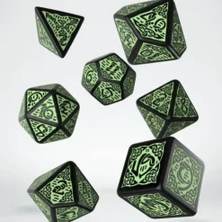 Dice>Q-Workshop Celtic Dice Set - 3D Revised Black and Green (7 Pieces) - Your Source for Gaming Essentials