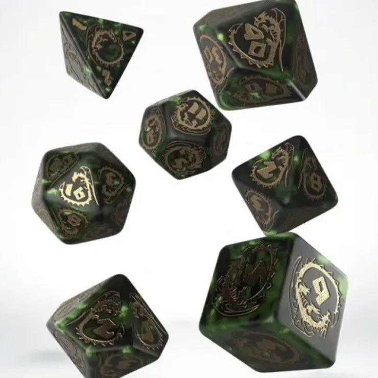 Dice>Q-Workshop Dragons Dice Set - Green with Gold Etches (7 Piece Set) - Your Source for Gaming Essentials