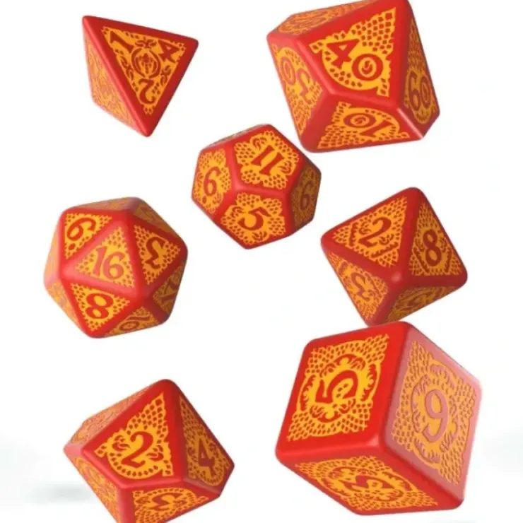 Dice>Q-Workshop Dragon Slayer Dice Set - Red with Orange Etches (7 Polyhedral Dice) - Your Source for Gaming Essentials