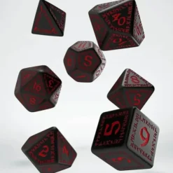 Dice>Q-Workshop Polyhedral Runic Dice Set - Black with Red Etches (7 Piece Set) - Your Source for Gaming Essentials