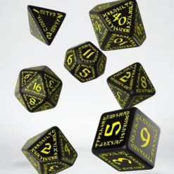 Dice>Q-Workshop Runic Dice Set Black with Yellow Etches (7 Pieces Set) - Your Source for Gaming Essentials
