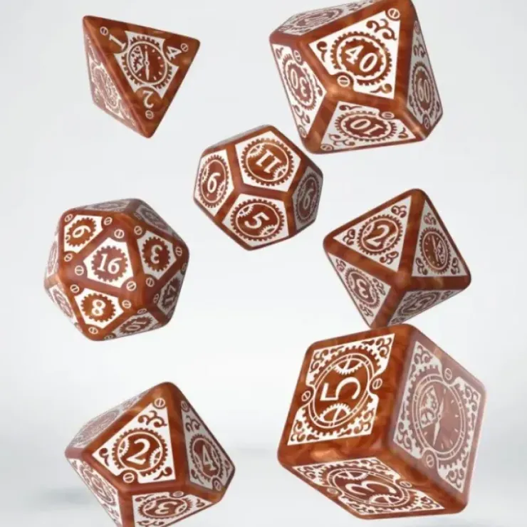 Dice>Q-Workshop Steampunk Clockwork Dice Set Caramel with White Etches (7 Piece Set) - Your Source for Gaming Essentials