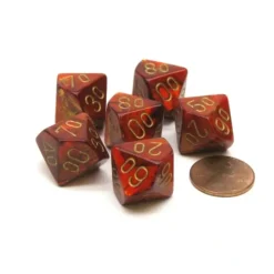 Dice>Scarab 16mm Tens D10 (00-90) Chessex Dice, 6 Pieces - Scarlet with Gold Numbers - Your Source for Gaming Essentials