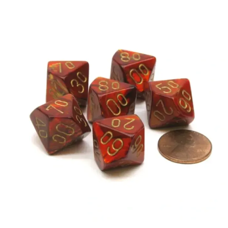 Dice>Scarab 16mm Tens D10 (00-90) Chessex Dice, 6 Pieces - Scarlet with Gold Numbers - Your Source for Gaming Essentials