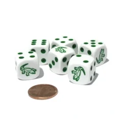 Dice>Set of 6 Alligator 16mm D6 Round Edge Animal Dice - White with Green Pips - Your Source for Gaming Essentials
