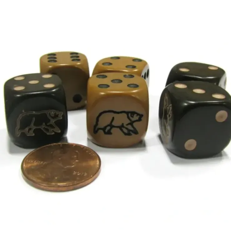 Dice>Set of 6 Bear 16mm D6 Round Edge Animal Dice - 3 Each of Black and Brown - Your Source for Gaming Essentials