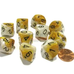 Dice>Set of 10 Chessex D10 Dice - Gemini Gold-White with Black Numbers - Your Source for Gaming Essentials