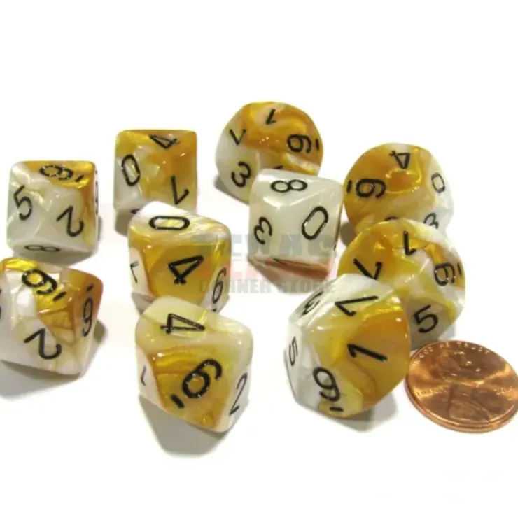 Dice>Set of 10 Chessex D10 Dice - Gemini Gold-White with Black Numbers - Your Source for Gaming Essentials