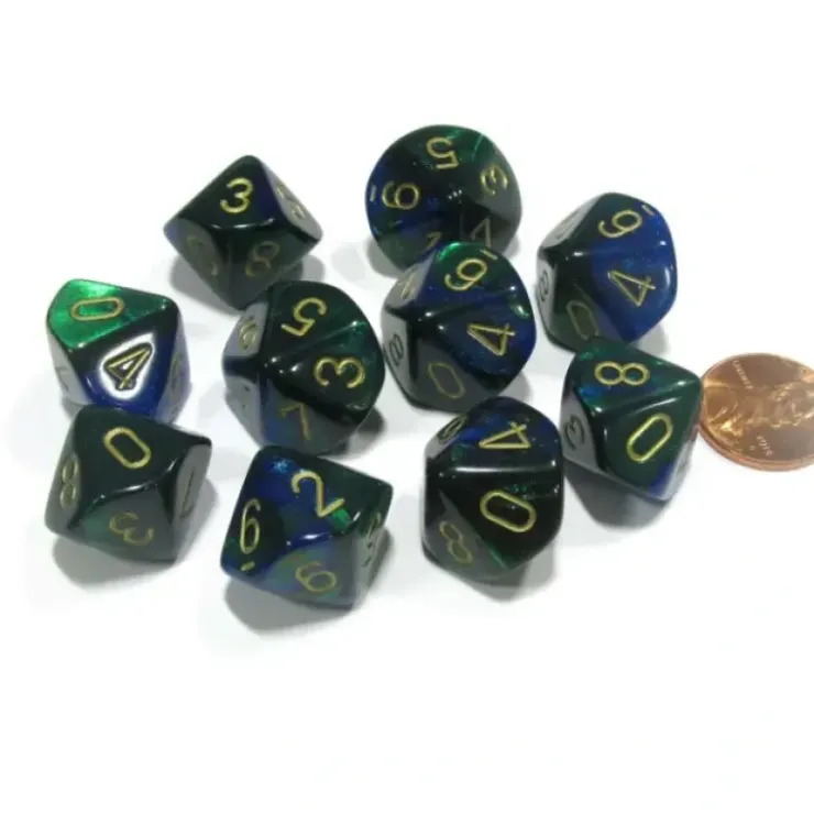 Dice>Set of 10 Chessex Gemini D10 Dice - Blue-Green with Gold Numbers - Your Source for Gaming Essentials