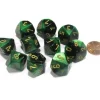 Dice>Set of 10 Chessex Gemini D10 Dice - Black-Green with Gold Numbers - Your Source for Gaming Essentials