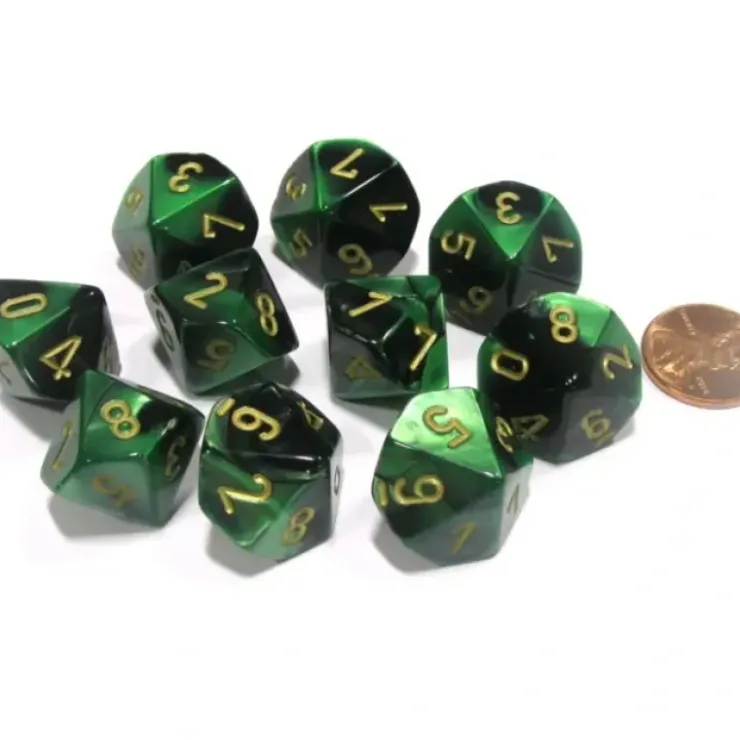 Dice>Set of 10 Chessex Gemini D10 Dice - Black-Green with Gold Numbers - Your Source for Gaming Essentials