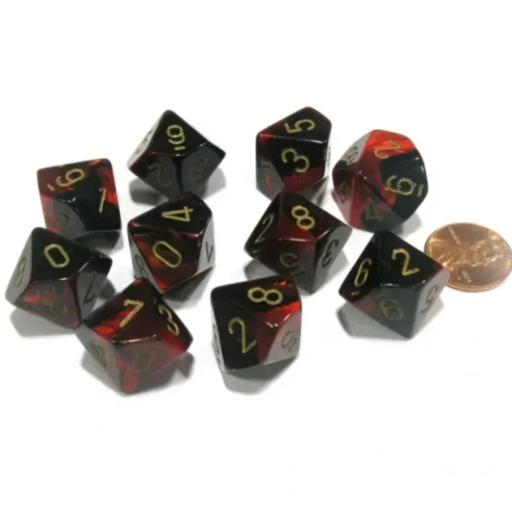Dice>Set of 10 Chessex Gemini D10 Dice - Black-Red with Gold Numbers - Your Source for Gaming Essentials