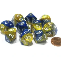 Dice>Set of 10 Chessex Gemini D10 Dice - Blue-Gold with White Numbers - Your Source for Gaming Essentials