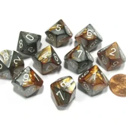 Dice>Set of 10 Chessex Gemini D10 Dice - Copper-Steel with White Numbers - Your Source for Gaming Essentials