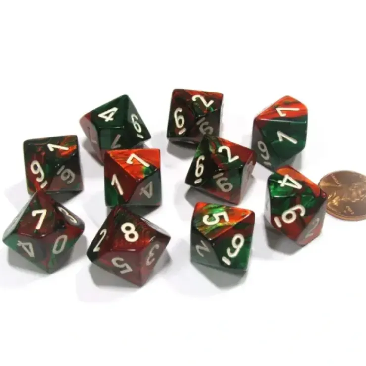 Dice>Set of 10 Chessex Gemini D10 Dice - Green-Red with White Numbers - Your Source for Gaming Essentials