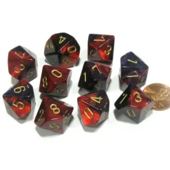 Dice>Set of 10 Chessex Gemini D10 Dice - Purple-Red with Gold Numbers - Your Source for Gaming Essentials